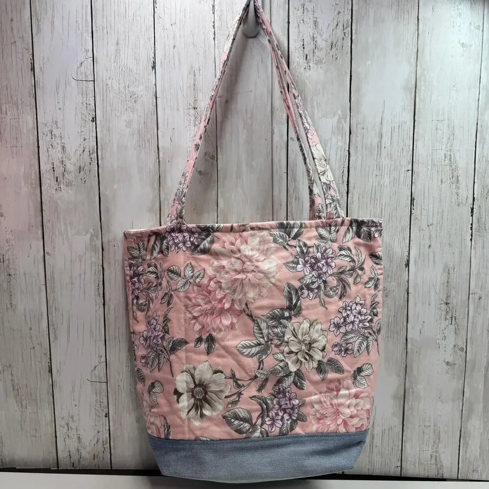 Quilted Pink Floral Tote Bag Denim Accent : Matching Zipper Pouch Included